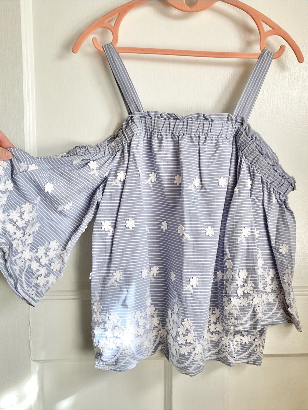 a new day Light Blue and White Striped Off-Shoulder Floral Camisole
